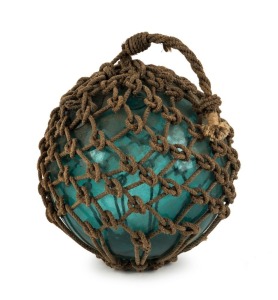 A vintage glass fishing buoy in rope netting, 20th century,  32cm diameter