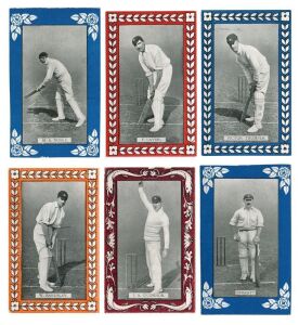 ANONYMOUS: 1909 series featuring Australian and English cricketers utilising the images used by W. D. & H. O. Wills but with different marginal devices and colours and with blank backs. A total of 27 cards including M. A. Noble and A. O. Jones in two diff