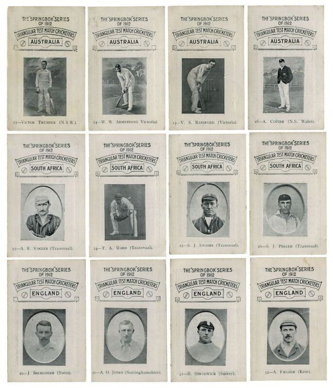 UNITED TOBACCO COMPANIES (SOUTH) LTD., SOUTH AFRICA THE SPRINGBOK SERIES OF 1912 TRIANGULAR TEST MATCH CRICKETERS: A remarkable collection of these rarely seen cards comprising of Australian players (13-16 and 54-70), English players (33-52) and south Afr