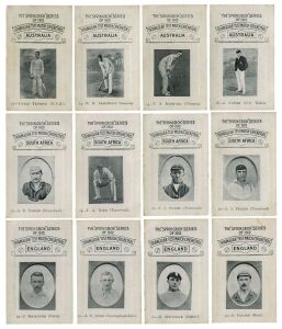 UNITED TOBACCO COMPANIES (SOUTH) LTD., SOUTH AFRICA THE SPRINGBOK SERIES OF 1912 TRIANGULAR TEST MATCH CRICKETERS: A remarkable collection of these rarely seen cards comprising of Australian players (13-16 and 54-70), English players (33-52) and south Afr