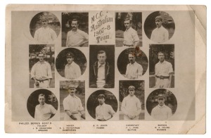 "M.C.C AUSTRALIAN TEAM, 1907-8" real photo postcard by Philco, London. The English cricket team in Australia in 1907–08 lost the Test series, and with it the Ashes, 4–1.