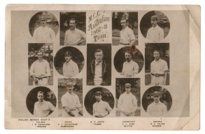 "M.C.C AUSTRALIAN TEAM, 1907-8" real photo postcard by Philco, London. The English cricket team in Australia in 1907–08 lost the Test series, and with it the Ashes, 4–1.