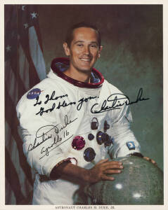 ASTRONAUTS: Collection with signed & endorsed NASA photographs (9) - Charles Conrad, Edgar Mitchell, James McDivitt, David Scott, Eugene Cernan, Tom Stafford, Charle Duke, Edward Gibson & John Young; magazine page with 3 signatures - Alan Shepard, James L