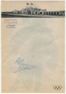 JANUSZ KUSOCINSKI (1907 - 1940) autograph on an "Olympic Village Los Angeles California" letterhead. Janusz Tadeusz Kusociński was a Polish athlete, winner in the 10,000 meters event at the 1932 Summer Olympics.