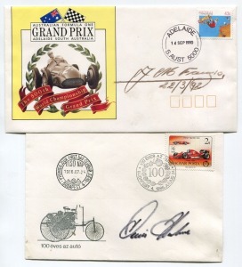 FORMULA 1 WORLD CHAMPIONS: Juan Manuel FANGIO original signature dated March 1992 on a 1990 Adelaide Grand Prix souvenir envelope; Denny HULME original signature on a July 1986 Hungarian 100th Anniversary of Automobiles First Day Cover; and, Max VERSTAPPE