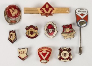 NORTH ADELAIDE FOOTBALL CLUB: 1957-1986 range of membership badges, a tie pin and one undated example for Repco; includes 1957, 1961, 1964-1967 (10 items)