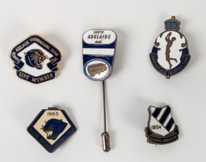 SOUTH ADELAIDE FOOTBALL CLUB: 1954, 1958 and 1965 membership badges, a life member's badge issued in 1974 and an undated badge for Repco (5 items)