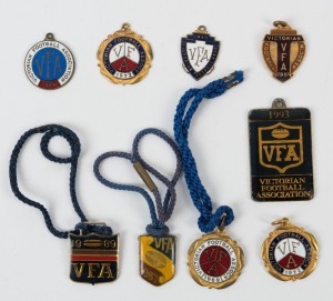 VICTORIAN FOOTBALL ASSOCIATION (V.F.A.): Range of membership fobs including 1946 (#120), 1951 (#458), 1965 (#31), 1969 (#432) and 1972 (#8) (9 items)
