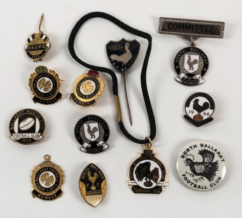 BALLARAT NORTH CITY FOOTBALL CLUB / NORTH BALLARAT FOOTBALL CLUB: Range of membership badges and fobs including 1953, 1954, 1959, 1966 and 1977 Committee Member (12 items)