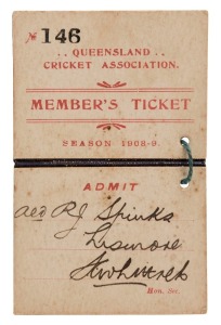 QUEENSLAND CRICKET ASSOCIATION 1908-09 member's ticket (#146) issued in the name of Ald. R. J. Spinks of Lismore. R. J. Spinks was a prominent figure in the early years of Lismore.