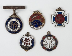 MELBOURNE CRICKET CLUB: Membership fobs 1911-12 (#2144), 1921-22 (#2730), 1924-25 (#3507), 1930-31 Country (#1207) and 1938-39 Country (#563) (5 items)