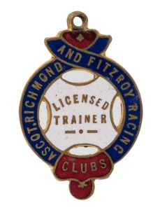 circa 1910's "Licensed Trainer" membership fob for "Ascot, Richmond and Fitzroy Clubs". The first example seen by Leski Auctions. John Wren owned these three racetracks.