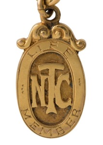 NEWCASTLE TATTERSALS CLUB: 1930'S Life Member's fob in 9ct gold (6.5 grams), engraved to H. R. Bowden (bookmaker).