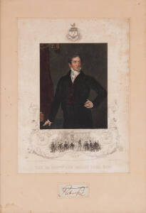 SIR ROBERT PEEL: British Prime Minister (1834-35 & 1841-46), noted for founding the modern police force. Good signature on piece, window mounted with lithograph portrait; plus etching portrait of of Sir Thomas Lawrence.