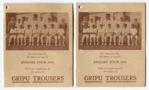 THE 1934 ASHES SERIES IN ENGLAND: A "Gripu Trousers" English Tour, 1934 fixture card featuring a photograph of the Australian team, the full schedule of matches from May to September with a full page for the five Tests, and a Gripu advert on the back cover together with a key to the players in the photo. Printed by G.W. Hall, Chatswood; also, another example of the same. (2 items).
