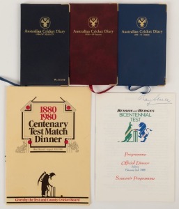 1980 Centenary Test Match, England: 30th August 1980 Dinner menu from the Hotel Russell, signed by 25 greats of the game who were present at the event, including Bill Ponsford, Dennis Lillee, Greg Chappell, Gubby Allen, Bob Simpson, Richie Benaud, Colin Cowdrey, Alec Bedser, etc. Also, several 1980s A.C.B. diaries and a 1988 Bicentennial Test dinner programme with 5 signatures including Don Bradman and Rod Marsh. Provenance: Ray Steele, long-time cricket administrator.