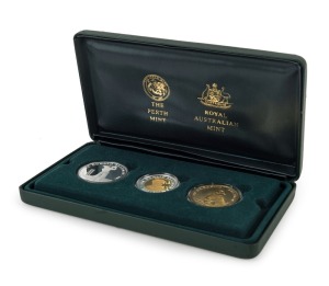 2001 Sir Donald Bradman Three Coin set in gold and silver, silver and bronze; with original case of issue and certificate of limitation and authenticity issued by the Royal Australian Mint in association with The Perth Mint. Superb condition.