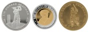 2001 Sir Donald Bradman Three Coin set in gold and silver, silver and bronze; with original case of issue and certificate of limitation and authenticity issued by the Royal Australian Mint in association with The Perth Mint. Superb condition. - 2