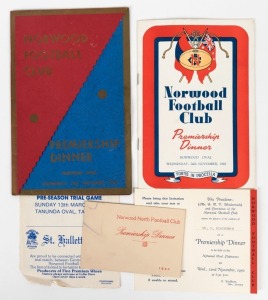 NORWOOD FOOTBALL CLUB: A small collection comprising a 1944 (Norwood-North) Premiership Dinner invitation (Mr. M. Bloustein); 1946 Premiership Dinner Menu & Programme; a 1950 Premiership Dinner Menu & Programme; a 1950 Premiership Dinner invitation (Mr. M