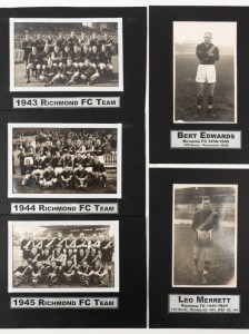 RICHMOND FOOTBALL CLUB: A rare group of original postcard-size photographs by C. BOYLES of East Brunswick; comprising; 1943 (7 signatures verso), 1944 (3 signatures verso), and 1945 team photos, plus individual photos of Leo Merrett and Bert Edwards (both