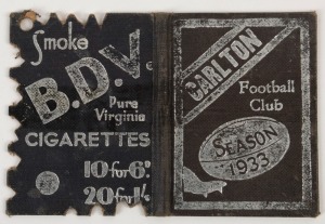 Carlton: Member's Season Ticket for 1933, with fixture list and hole punched for each game attended.