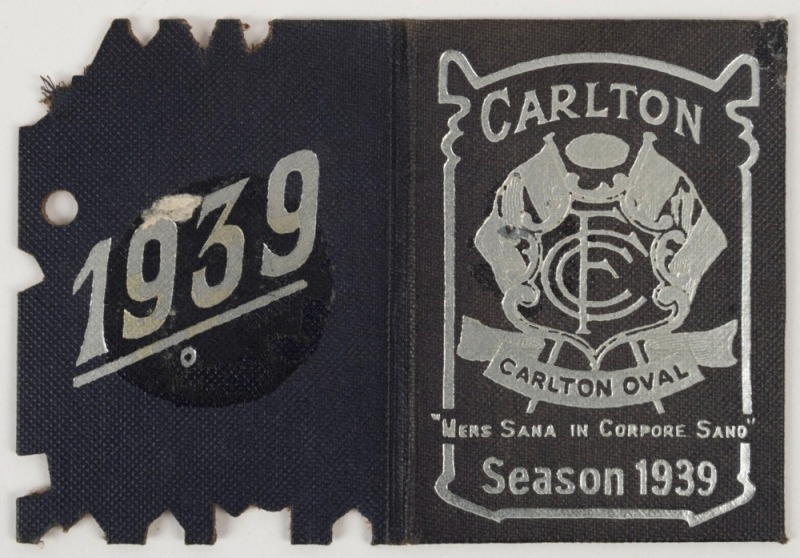 Carlton: Member's Season Ticket for 1939, with fixture list and hole punched for each game attended,