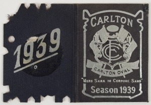 Carlton: Member's Season Ticket for 1939, with fixture list and hole punched for each game attended,