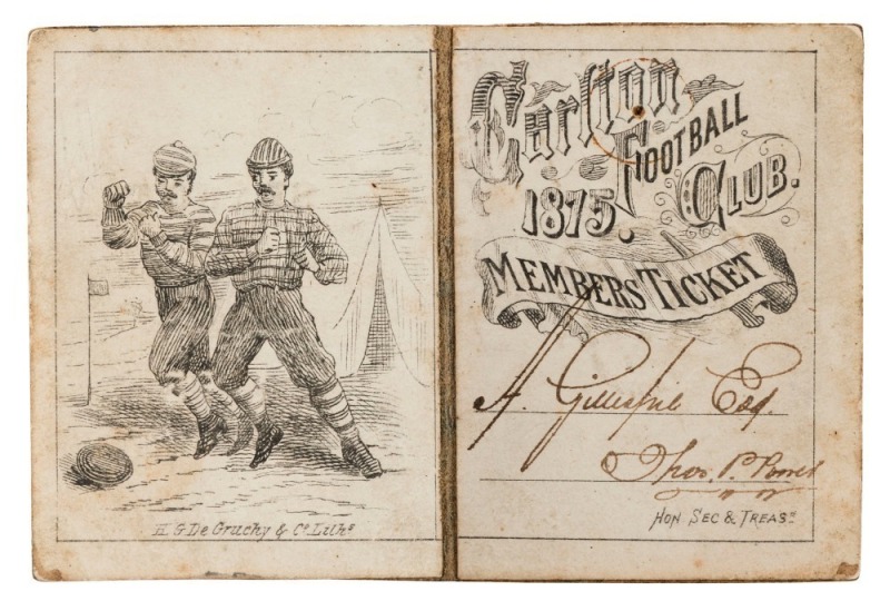 1875 Carlton membership season ticket, covered in gilt tooled navy and olive leather, overall 6 x 9.2cm when opened out. In 1875 Carlton won the Challenge Cup for the third year in a row.