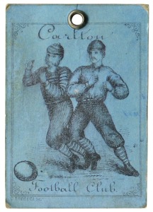 1877 Carlton membership season ticket, double sided printed in black on blue stock by C. Troedel & Co., overall 7.5 x 5.3cm.