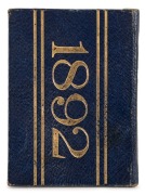 1892 Carlton membership season ticket, covered in gilt tooled navy leather binding; the interior surfaces with printed details of the club leadership and the fixtures for the club's first team, overall 7.5 x 11.3cm when opened out. The card is made out to - 2