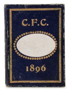 1896 Carlton membership season ticket (#25), covered in gilt tooled navy and grey leather binding, the interior surfaces with printed details of the club leadership and the fixtures for the club's first team, overall 7.5 x 11.2cm when opened out. The card