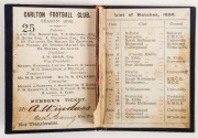 1896 Carlton membership season ticket (#25), covered in gilt tooled navy and grey leather binding, the interior surfaces with printed details of the club leadership and the fixtures for the club's first team, overall 7.5 x 11.2cm when opened out. The card - 2