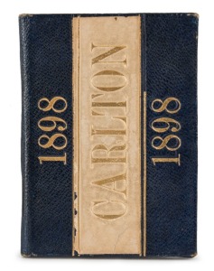 1898 Carlton membership season ticket, covered in gilt tooled dark navy and cream leather binding; the interior surfaces with printed details of the club leadership and the fixtures for the club's first team, overall 7.5 x 11cm when opened out. The card i