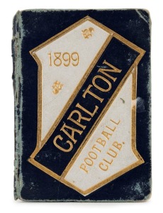 1899 Carlton membership season ticket, covered in gilt tooled navy and grey leather binding; the interior surfaces with printed details of the club leadership and the fixtures for the club's first team, overall 7.8 x 11.2cm when opened out.