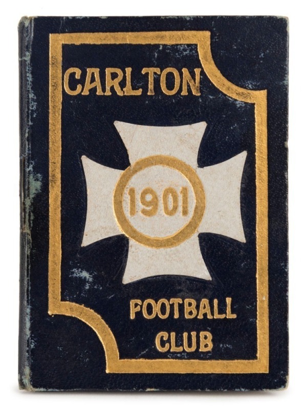 1901 Carlton membership season ticket (#144), covered in gilt tooled navy and grey leather binding; the interior surfaces with printed details of the club leadership and the fixtures for the club's first team and retaining five of the dated weekly tickets