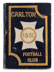 1901 Carlton membership season ticket (#144), covered in gilt tooled navy and grey leather binding; the interior surfaces with printed details of the club leadership and the fixtures for the club's first team and retaining five of the dated weekly tickets