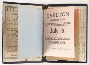 1901 Carlton membership season ticket (#144), covered in gilt tooled navy and grey leather binding; the interior surfaces with printed details of the club leadership and the fixtures for the club's first team and retaining five of the dated weekly tickets - 2