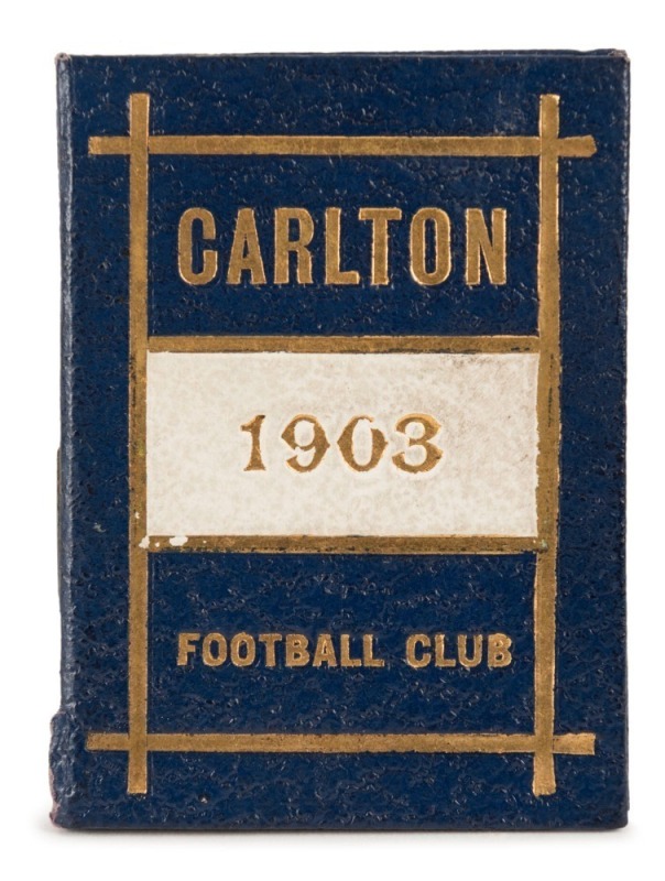 1903 Carlton membership season ticket, covered in gilt and silver tooled navy and white leather binding; the interior surfaces with printed details of the club leadership and the fixtures for the club's first team and retaining all 24 of the dated weekly