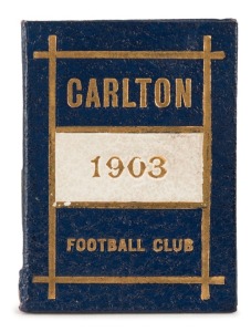 1903 Carlton membership season ticket, covered in gilt and silver tooled navy and white leather binding; the interior surfaces with printed details of the club leadership and the fixtures for the club's first team and retaining all 24 of the dated weekly 