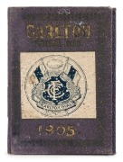 1905 Carlton membership season ticket (#485), covered in gilt tooled navy leather binding; the interior surfaces with printed details of the club leadership and the fixtures for the club's first team, overall 8 x 11.8cm when opened out. The card is made o