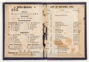 1905 Carlton membership season ticket (#485), covered in gilt tooled navy leather binding; the interior surfaces with printed details of the club leadership and the fixtures for the club's first team, overall 8 x 11.8cm when opened out. The card is made o - 2