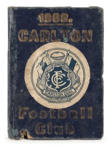 1908 Carlton membership season ticket (#895), covered in gilt tooled navy leather binding; the interior surfaces with printed details of the club leadership and the fixtures for the club's first team; a hole punched for each game attended, overall 8.1 x 1