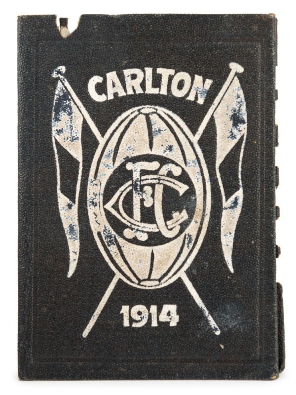 1914 Carlton membership season ticket (#2413), deep navy leather binding with white printed club logo and date; the interior surfaces with printed details of the club leadership and the fixtures for the club's first team; a hole punched for each game atte