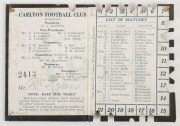 1914 Carlton membership season ticket (#2413), deep navy leather binding with white printed club logo and date; the interior surfaces with printed details of the club leadership and the fixtures for the club's first team; a hole punched for each game atte - 2