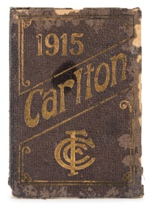 1915 Carlton membership season ticket (#580), deep blue cover with gilt club logo and year; the interior surfaces with printed details of the club leadership, the fixtures for the club and hole punched for each game attended,, overall 8.7 x 12.4cm when op
