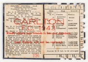 1943 Carlton membership season ticket (#236), navy blue cloth cover with silver club logo and text; the interior surfaces with printed details of the club leadership, the fixtures for the club and hole punched for each game attended, overall 8 x 11.8cm wh - 3