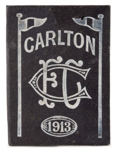 1913 Carlton membership season ticket (#917), covered in black buckram with white text and decorations; the interior surfaces with printed details of the club leadership and the fixtures for the team; a hole punched for each game attended, overall 8.2 x 1