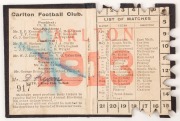 1913 Carlton membership season ticket (#917), covered in black buckram with white text and decorations; the interior surfaces with printed details of the club leadership and the fixtures for the team; a hole punched for each game attended, overall 8.2 x 1 - 2