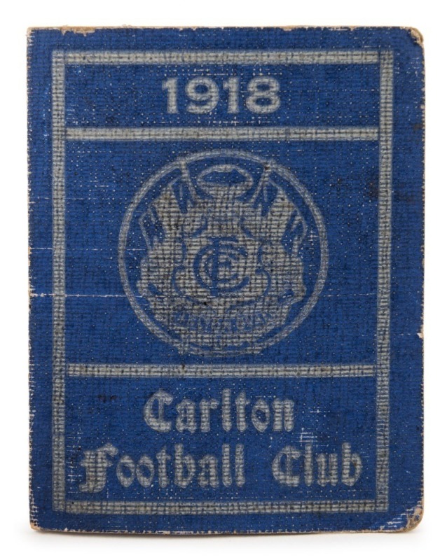 1918 Carlton membership season ticket (#1622), bright blue cover with white club logo and year; the interior surfaces with printed details of the club leadership, the fixtures for the club and hole punched for each game attended,, overall 8.2 x 13cm when