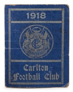 1918 Carlton membership season ticket (#1622), bright blue cover with white club logo and year; the interior surfaces with printed details of the club leadership, the fixtures for the club and hole punched for each game attended,, overall 8.2 x 13cm when 